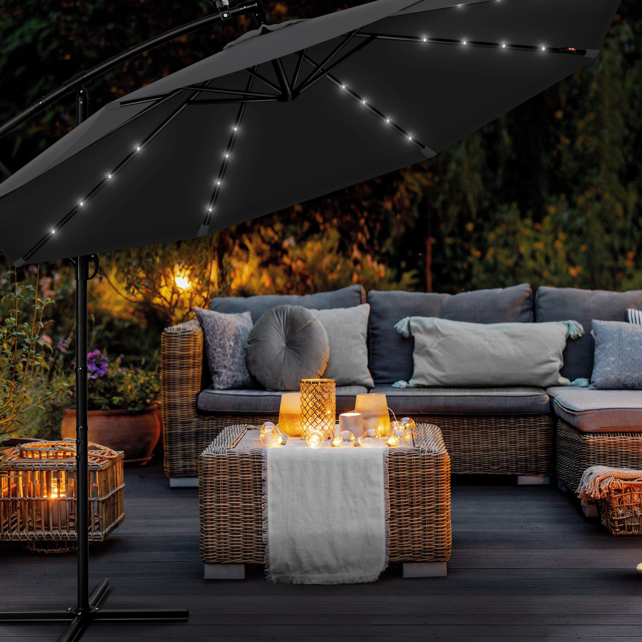 tillvex Sonnenschirm Ø 300 cm Alu Ampelschirm LED Solar mit Kurbel & An-/Ausschalter, Gartenschirm UV-Schutz, Marktschirm mit Ständer wasserdicht