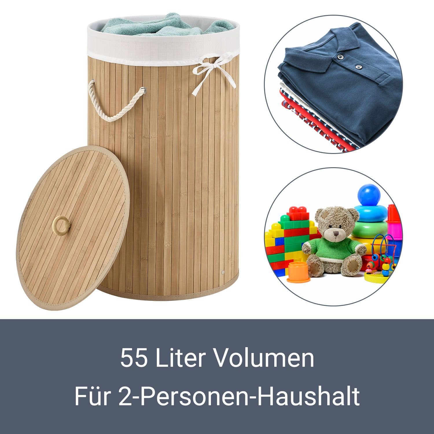 Juskys Wäschekorb Curly-Round, 55 l, mit Tragegriffe, Deckel, Wäschesack waschbar, platzsparend