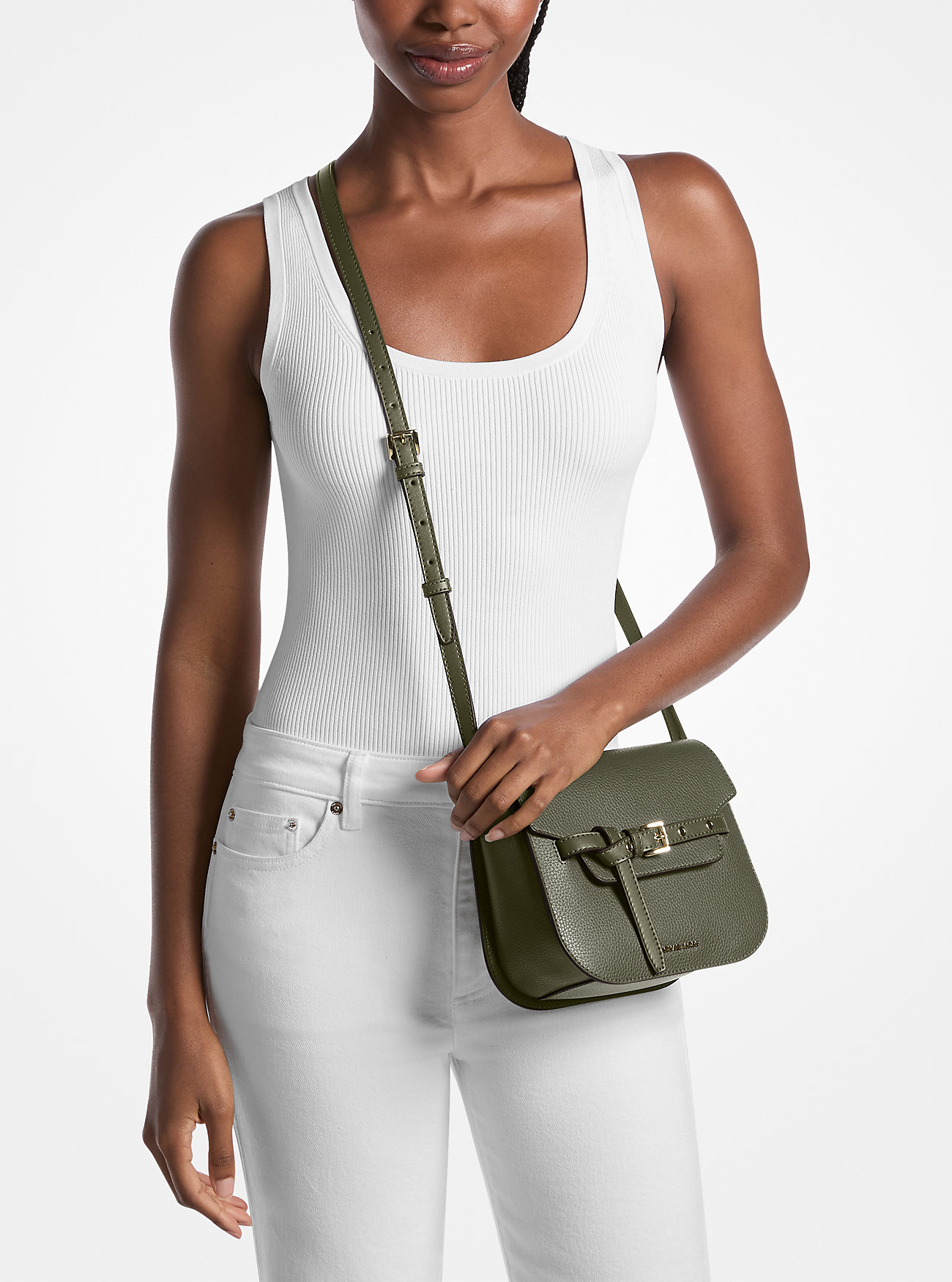 Emilia Liten Pebbled Leather Saddle Skulderveske - IVY