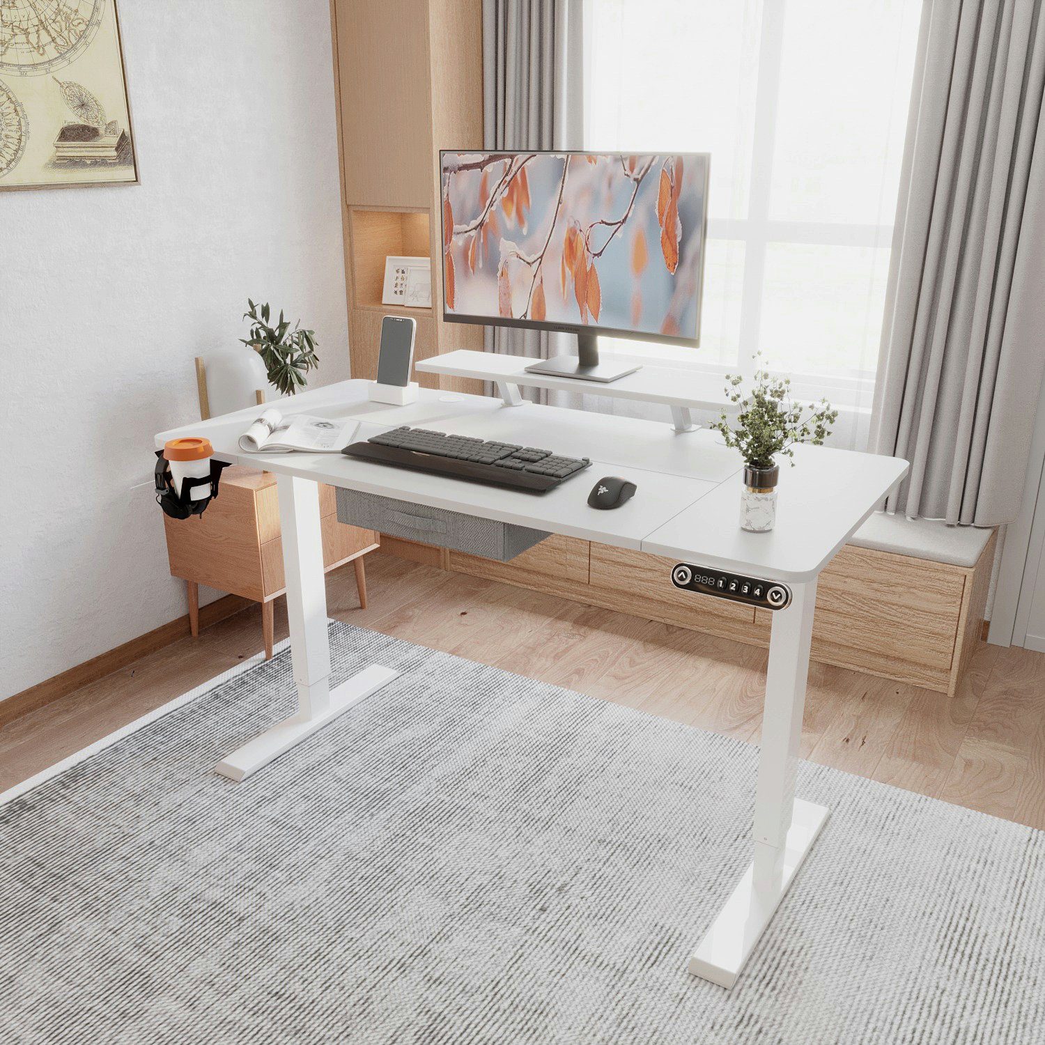 Radlove Schreibtisch Höhenverstellbarer Schreibtisch mit Schubladen (140x76 cm, 4-Memory Steuerung, Rollen, Getränkehalter, Drahtkorb, Schubladen), Schreibtisch Höhenverstellbar Elektrisch mit Monitorständer