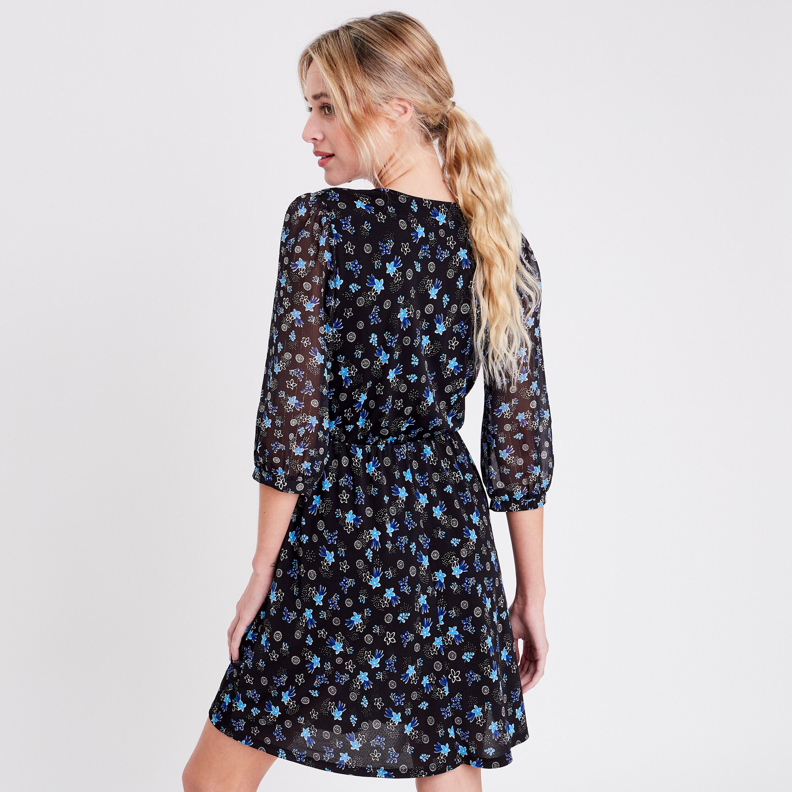 Robe évasée manches 3/4 noir femme | Cache Cache
