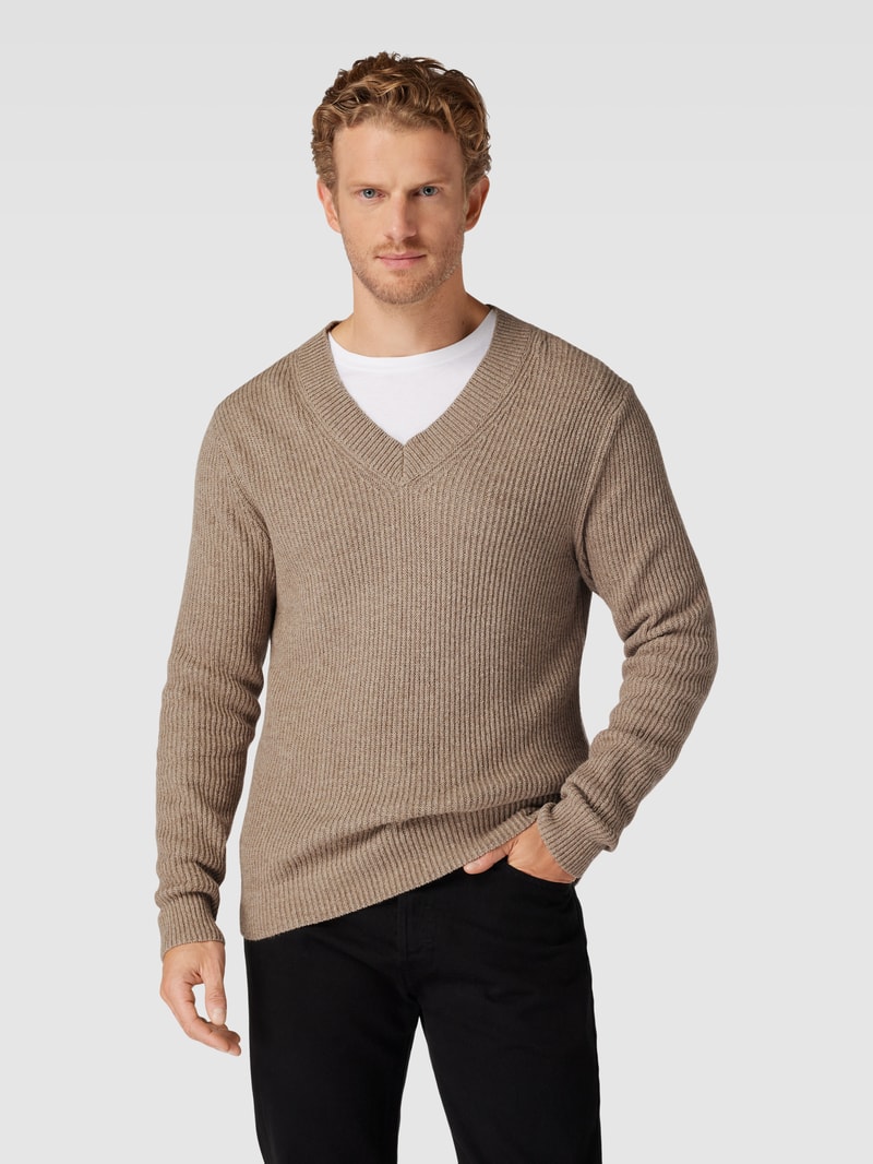 Strickpullover mit geripptem V-Ausschnitt Modell 'RONN' in beige