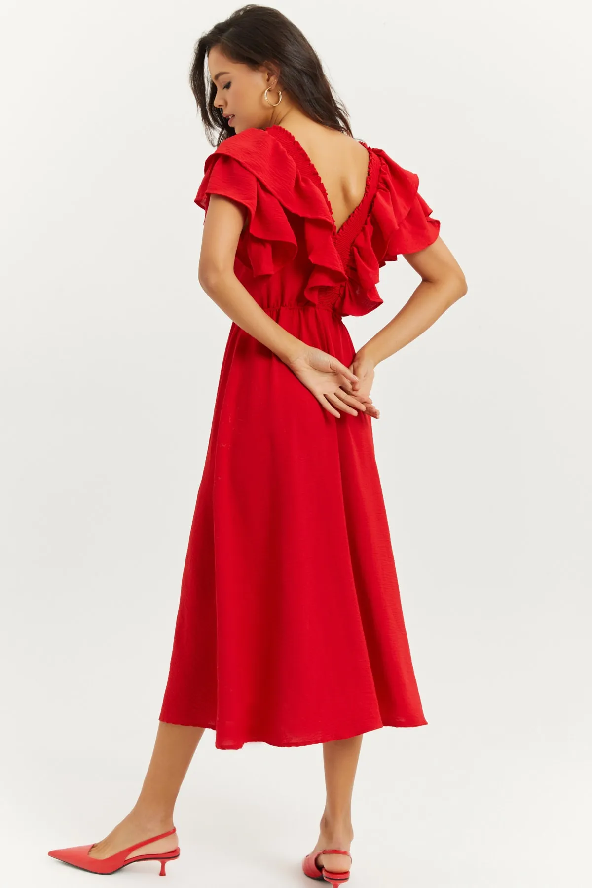 Cool & Sexy  Rotes Damen-Volantkleid mit V-Ausschnitt vorne und hinten KS113