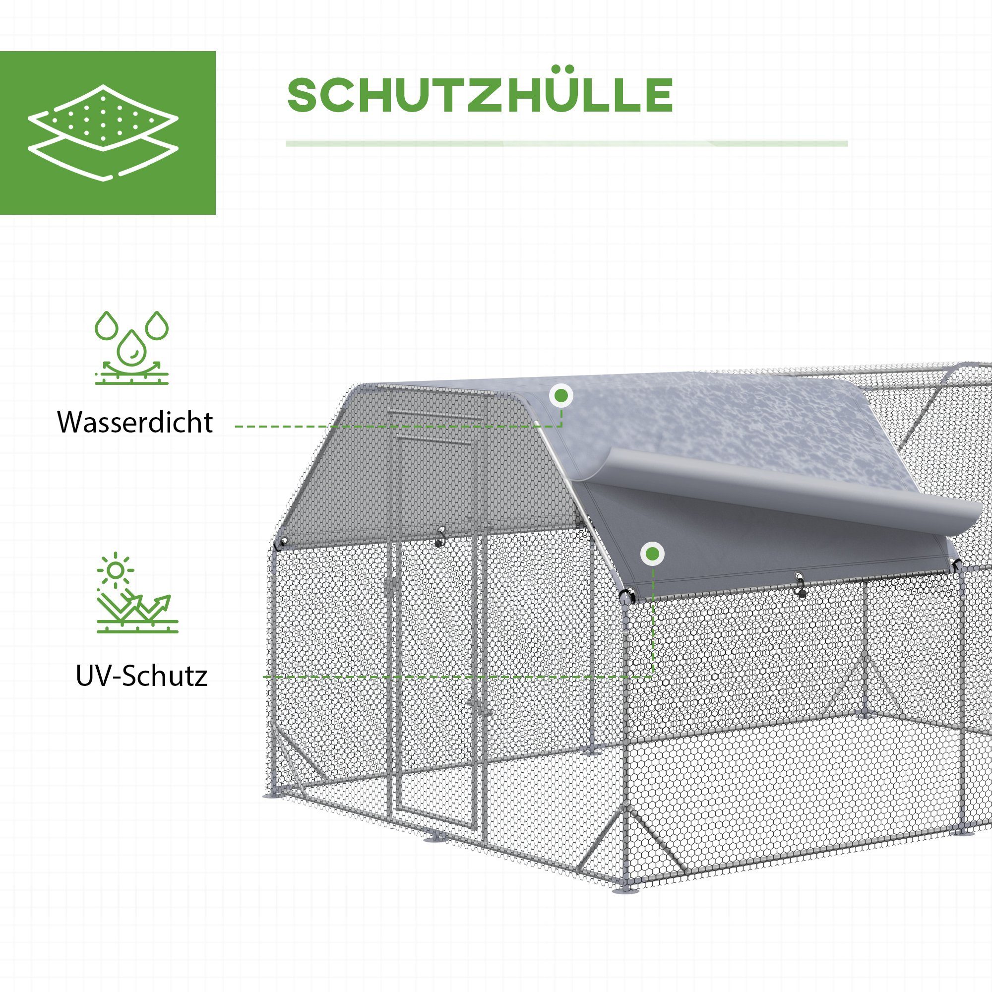 PawHut Hühnerstall 280x380x195cm Freilaufgehege, Hühnerkäfig mit Tür, Sonnenschutzdach, Geflügelstall für 10-12 Hühner, Oxford, Silber
