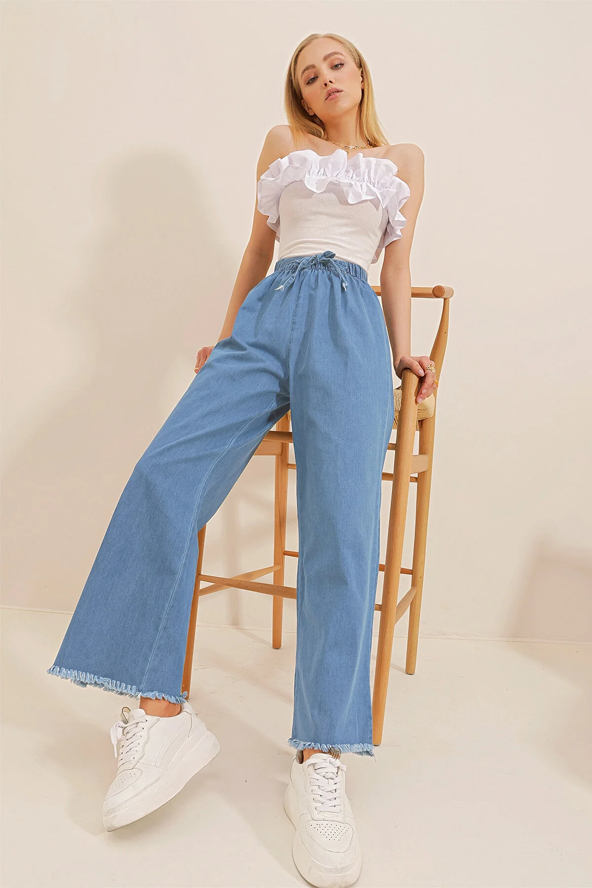 Trend Alaçatı Stili  Dunkelblaue Palazzo-Jeanshose mit hoher Taille und Quasten für Damen ALC-X8930