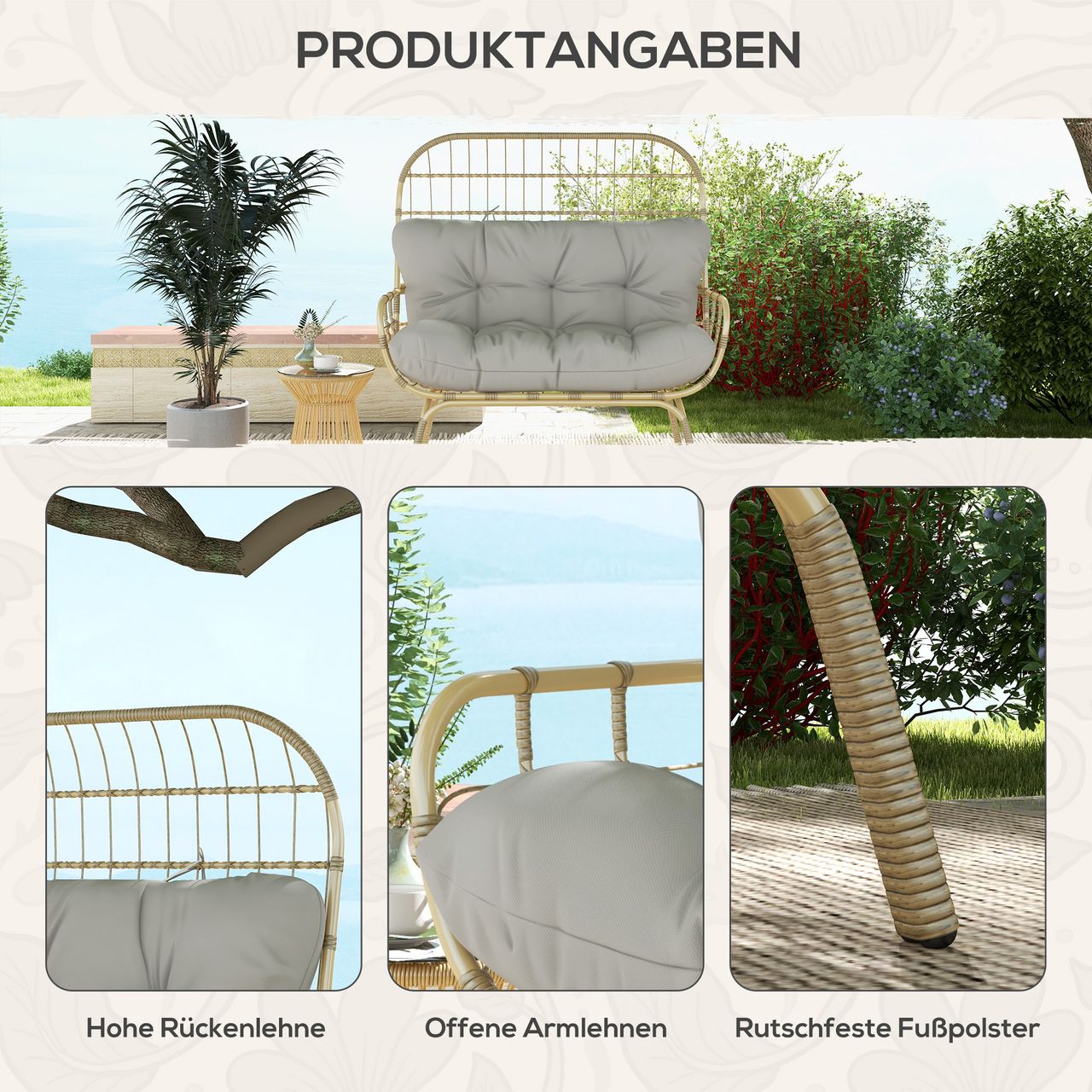 Outsunny Gartensofa 2 Sitzer Rattansofa mit Armlehne, Gepolstertem Kissen, Grau
