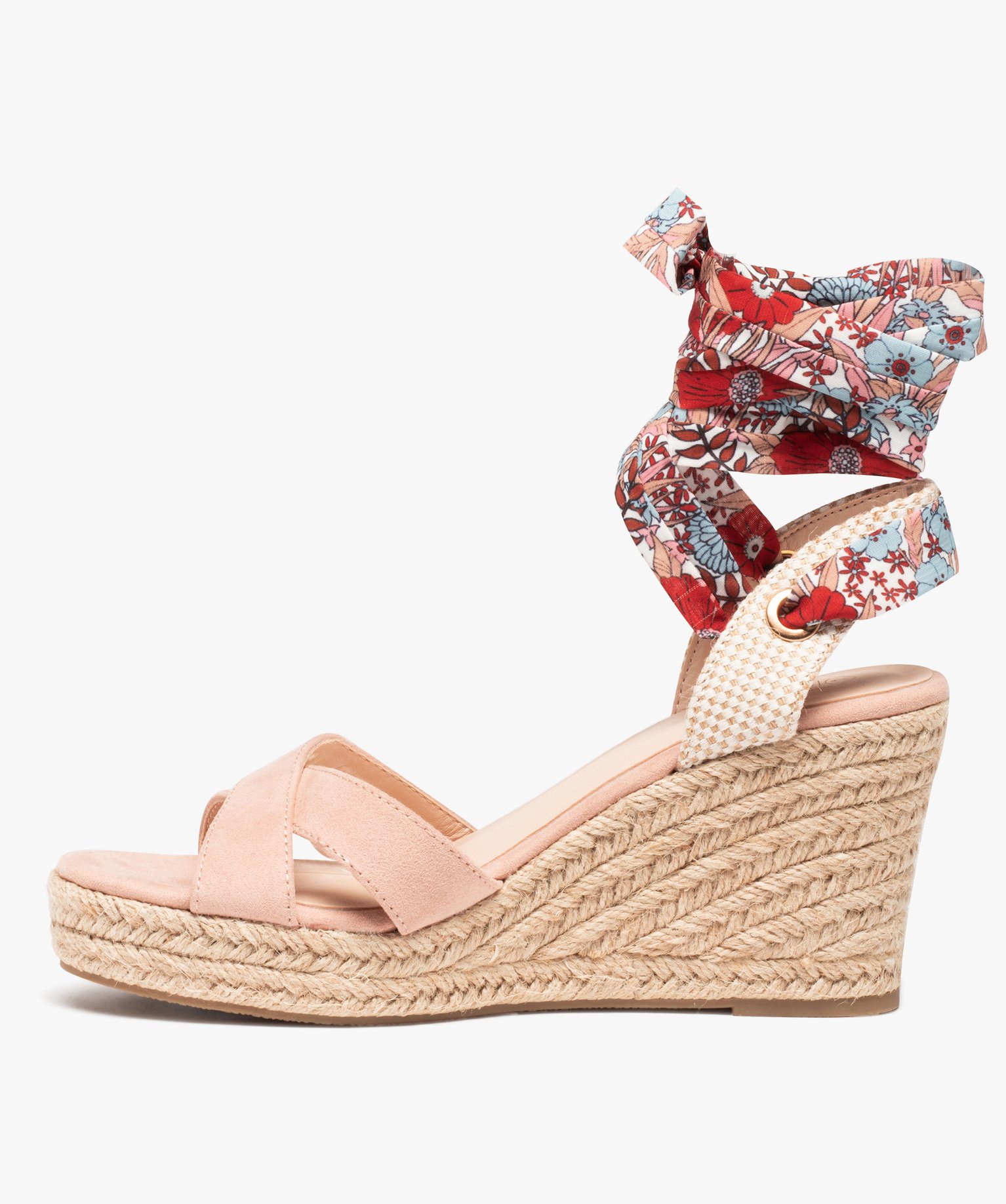 Sandales femme compensées en suédine et bride foulard rose | GEMO