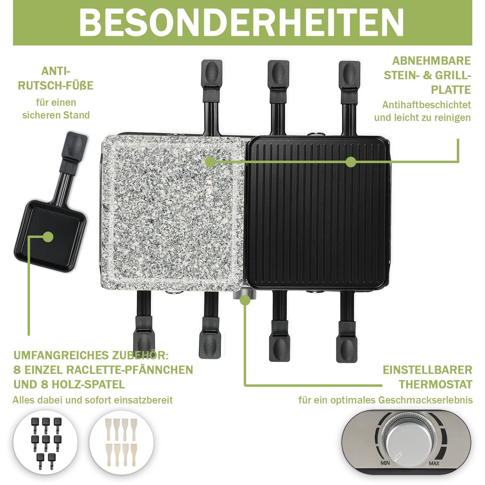 bmf-versand Raclette Raclette 8 Personen Tischgrill Elektrogrill Heißer Stein Thermostat, 8 Raclettepfännchen, 1400,00 W, Einstellbarer Thermostat, Antihaftbeschichtung, Umfangreiches Zubehör