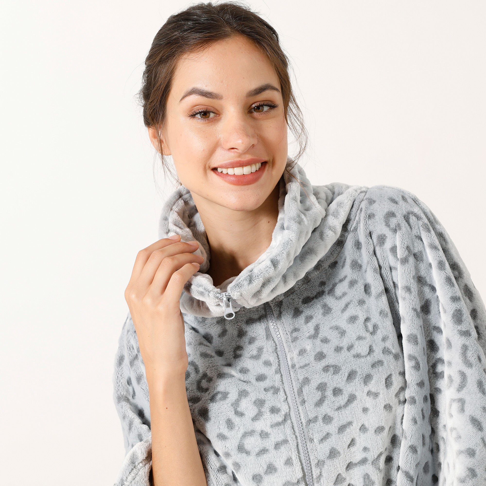 Poncho polaire oversize zippé léopard