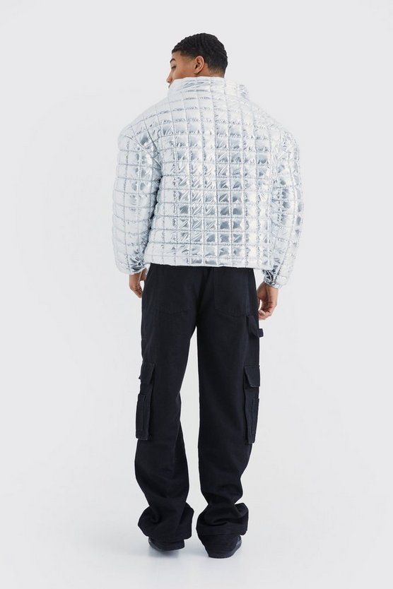 Kastige Metallic-Steppjacke mit Trichterkragen