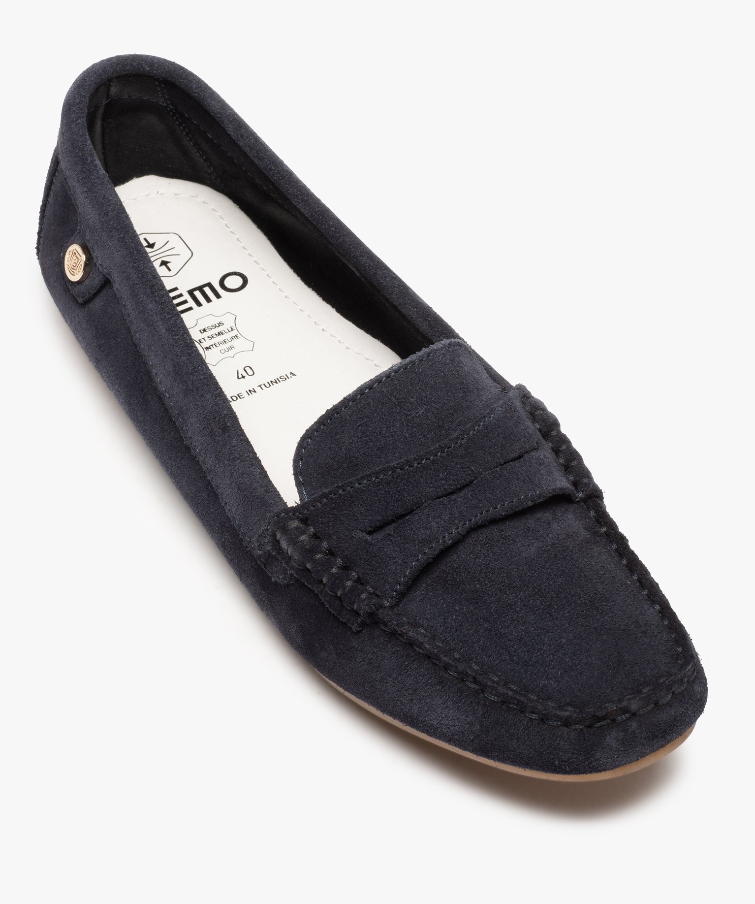 Mocassins femme en cuir uni et semelle à picots marine | GEMO