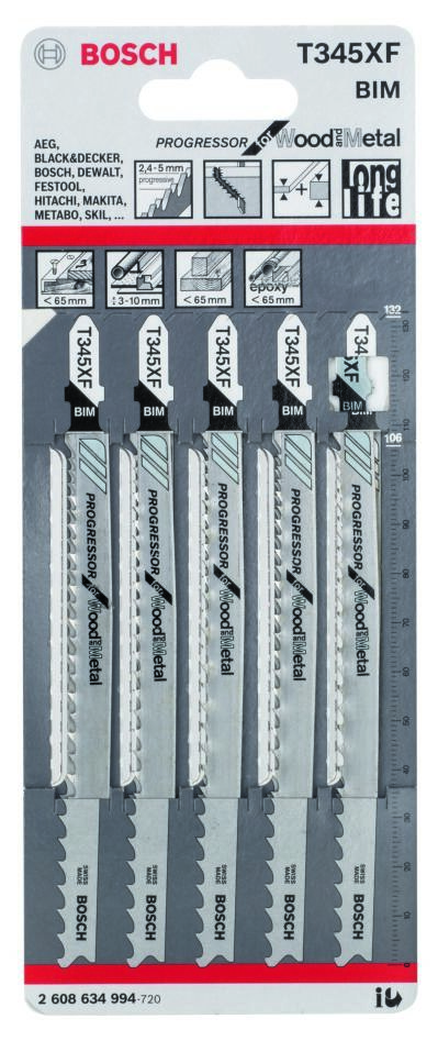 Bosch Blue Accessories 2608634994 T345XF Stiksavklinger T-skaft Pr. 5 Træ med metal