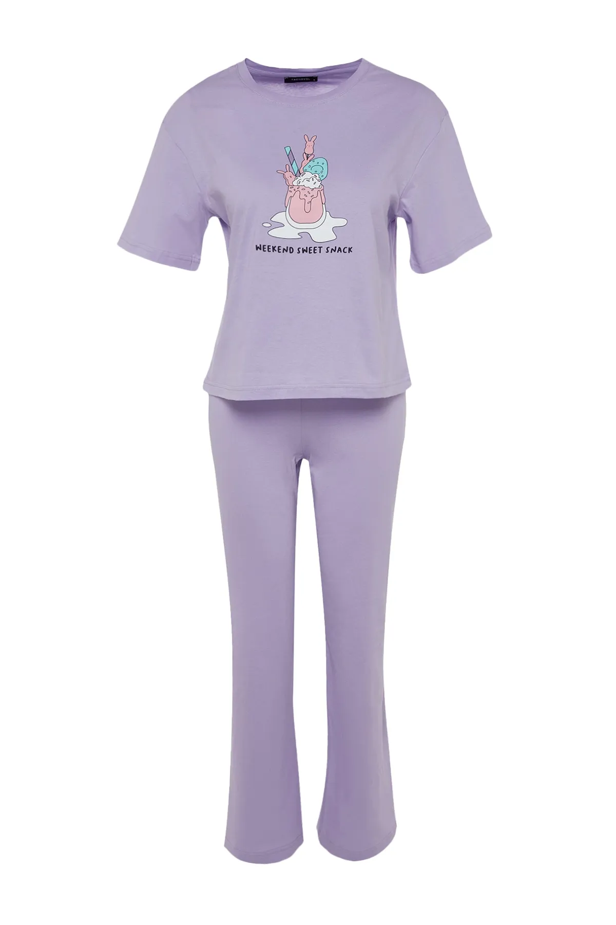 Trendyol Collection  Lila gestricktes Pyjama-Set aus 100 % Baumwolle mit lustig bedruckten T-Shirts und Hosen THMSS23PT00134
