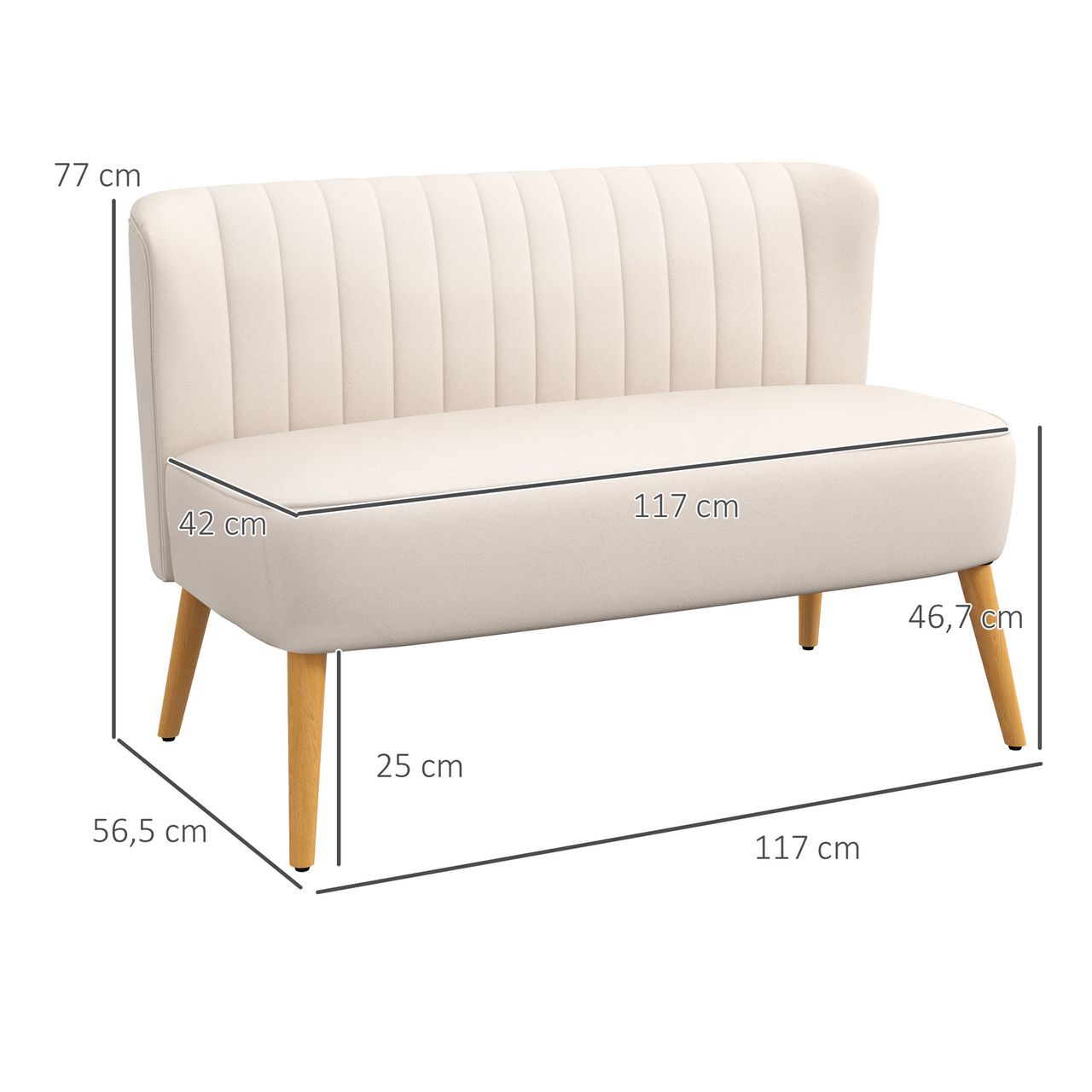 HOMCOM 2-Sitzer Sofa Zweisitzer, Loveseat mit Leinenoptik, Holzbeine, Cremeweiß