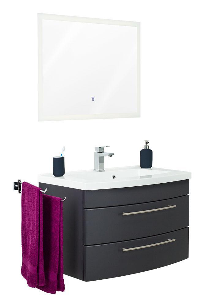 Posseik Badmöbelset Luna 80 mit runder Front anthrazit seidenglanz LED Spiegel 80 cm EEK: F