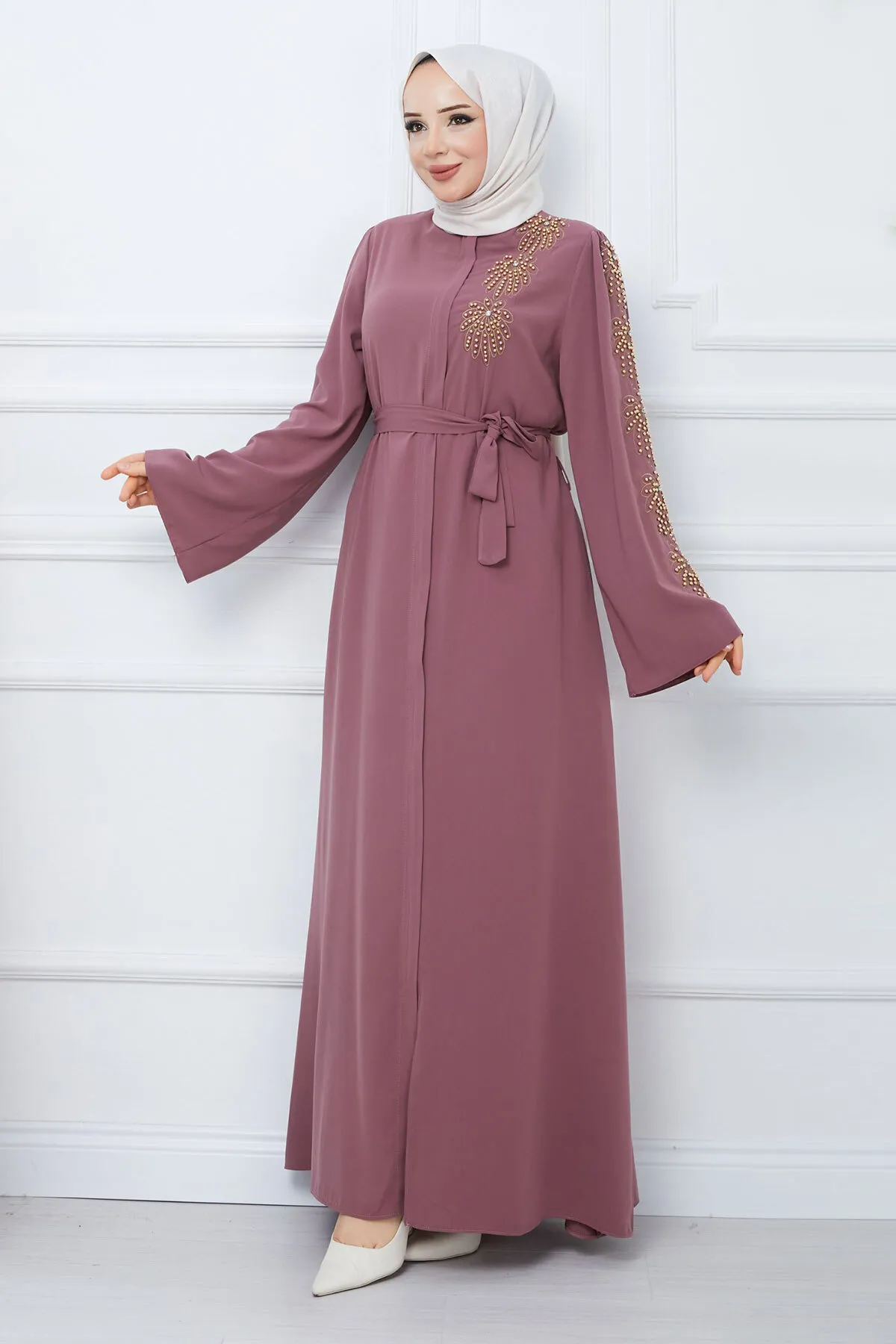 Tesettür Dünyası  Griff Perlen Bestickt Gürtel Hijab Ferace TSD240203 Getrocknete Rose
