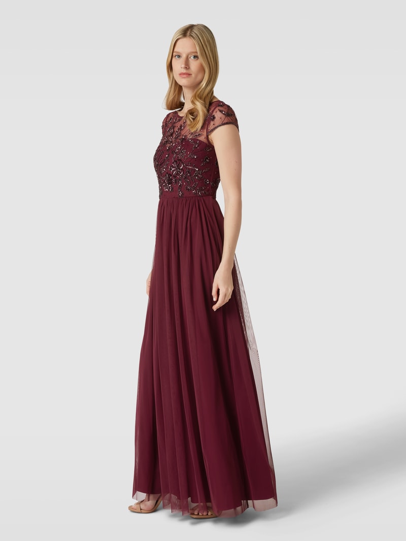 Abendkleid mit Zierbesatz in kirschrot