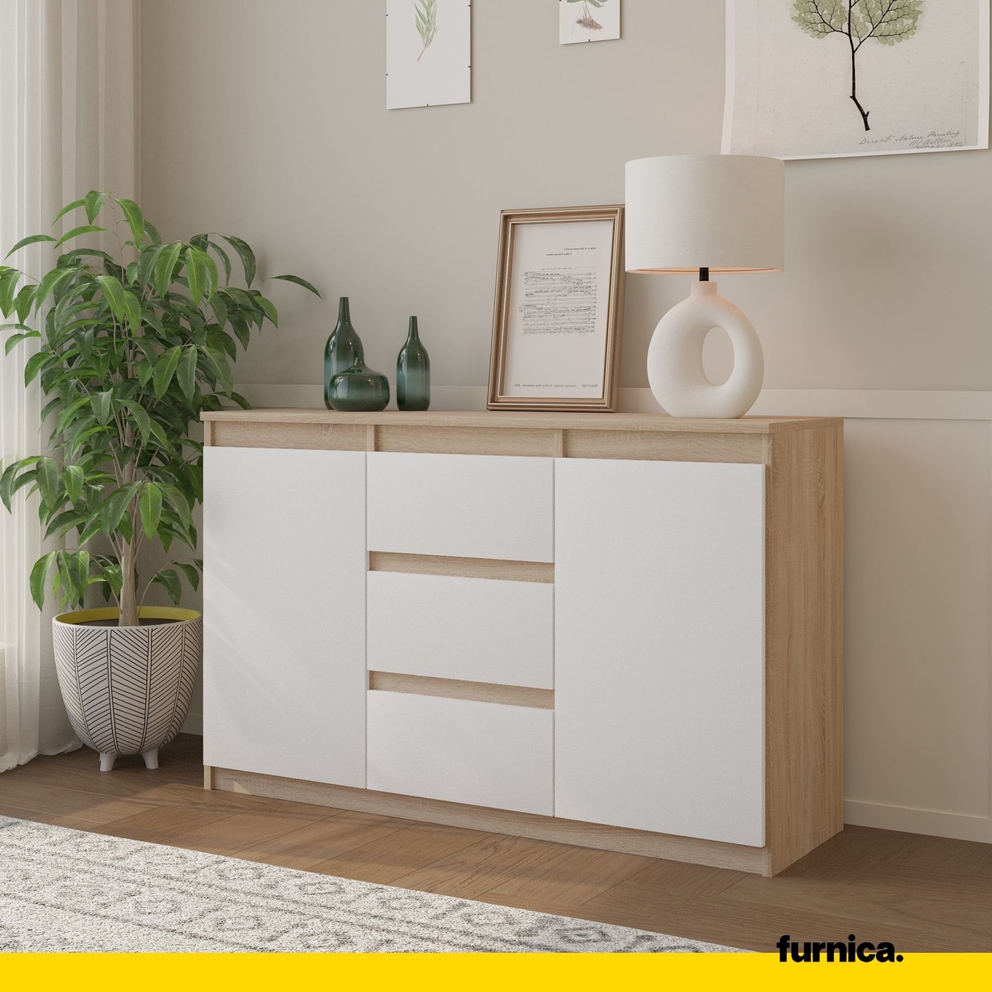 Furnica Kommode MIKEL, 3 Schubladen und 2 Türen - Sonoma Eiche H75cm B120cm T35cm (1 St)