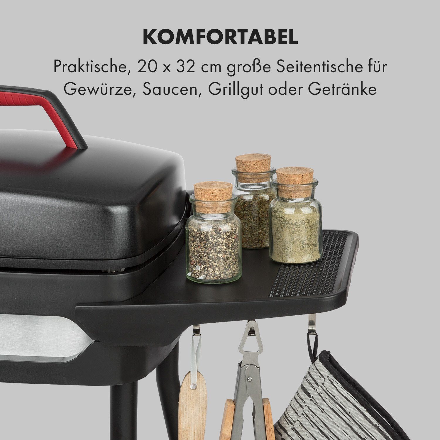 Klarstein Kontaktgrill Gatsby, 2000 W, große Seitentische, Grillplatte mit Antihaft-Beschichtung