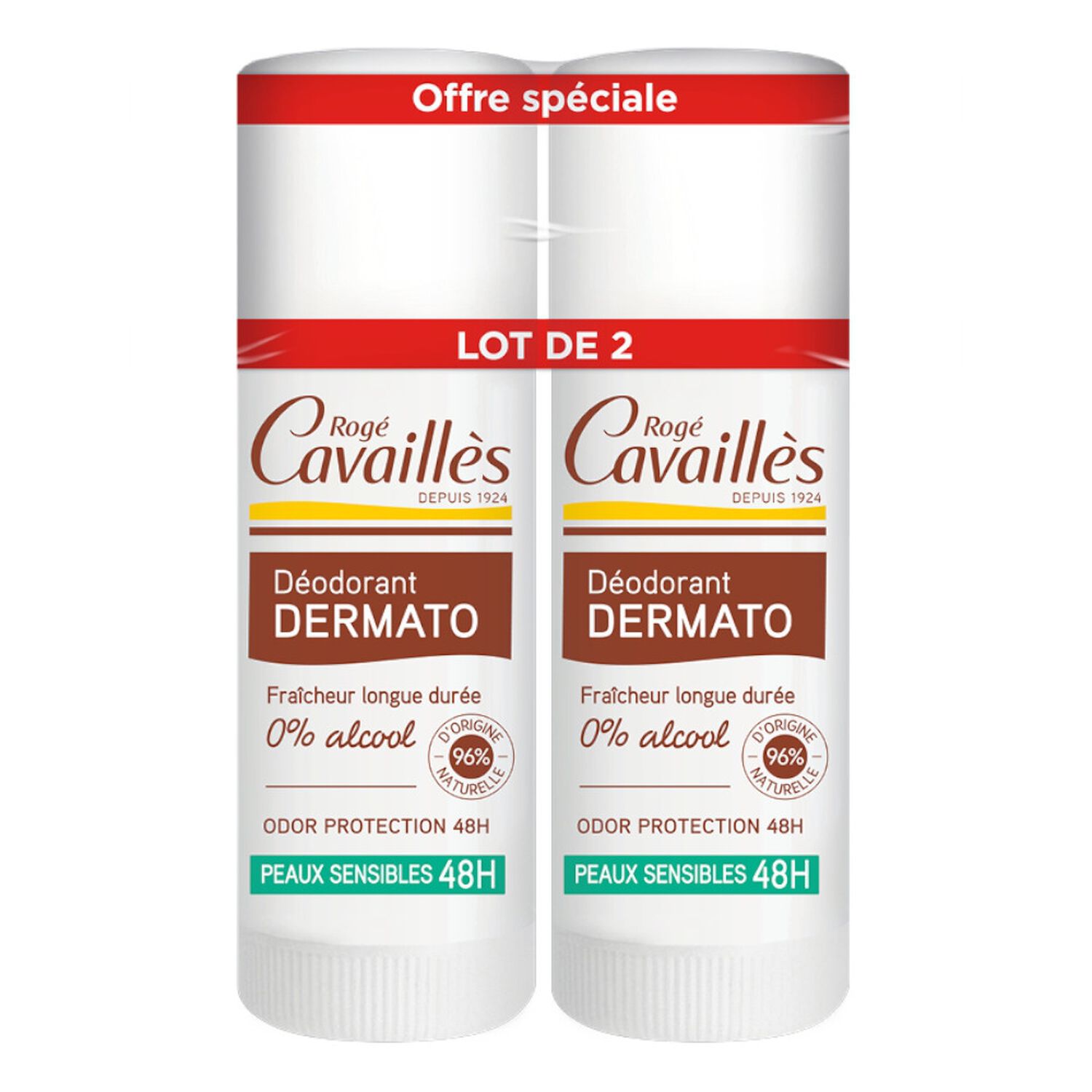 Cavaillès Dermato Lot de Déodorant Peaux Sensibles 48H Stick 2 x 40 ml