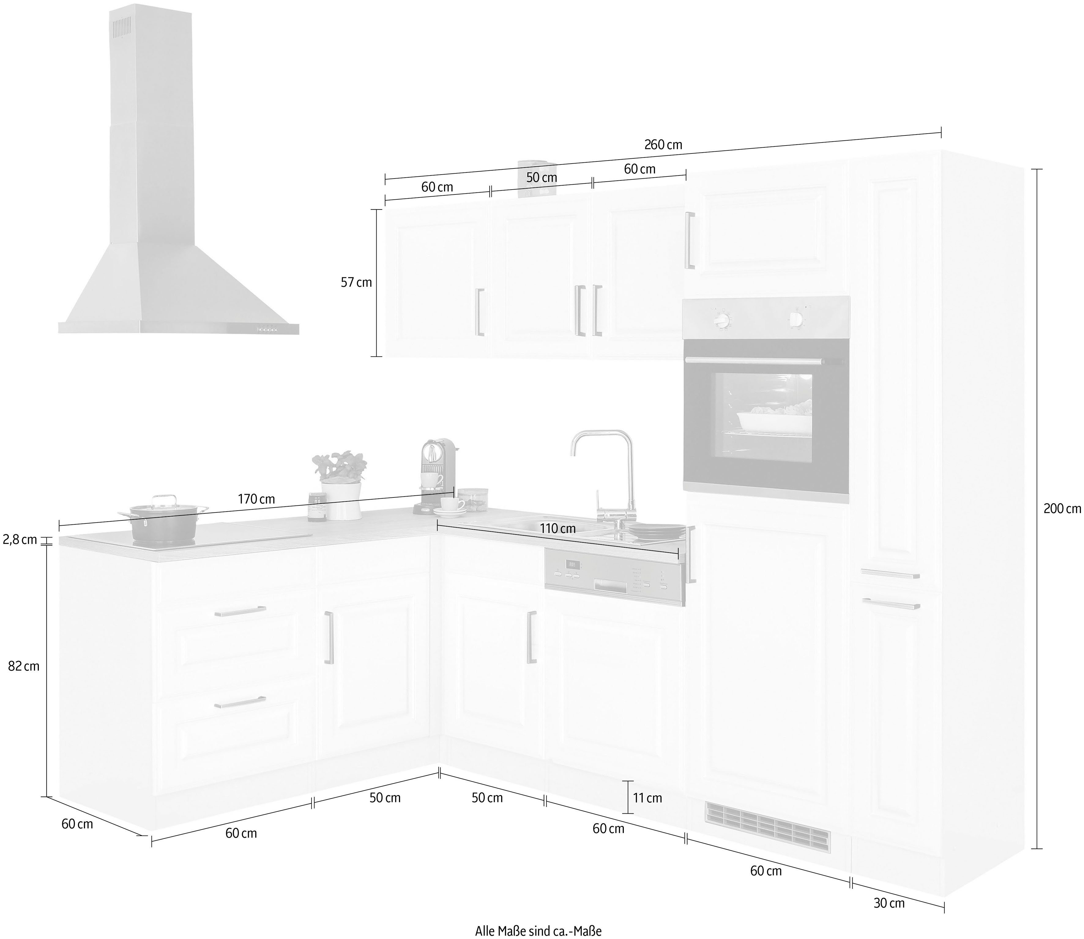 HELD MÖBEL Winkelküche Stockholm, Stellbreite 260/170 cm, mit E-Geräten, MDF Frontenl