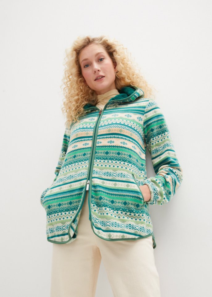 Kapuzen-Fleecejacke mit Norweger-Muster