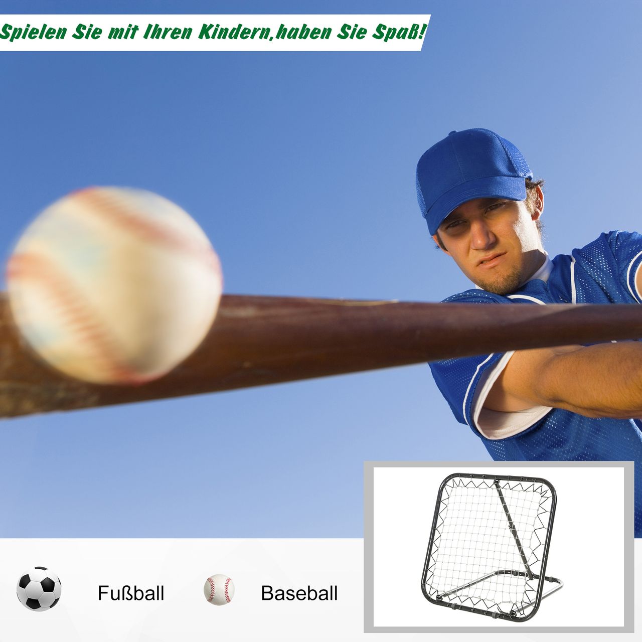 HOMCOM Baseball Rebounder Kickback Tor Rückprallwand Netz Rückprall Faltbar Metall PE Schwarz 78 x 84 x 65-78 cm