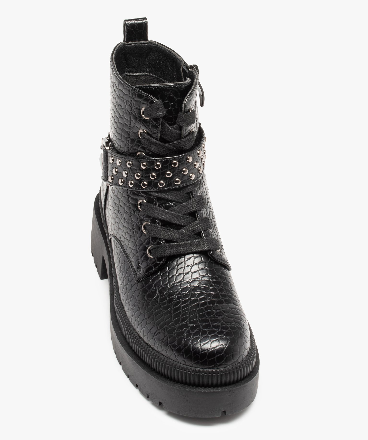 Bottines femme à talon carré dessus uni avec zip décoratif noir | GEMO