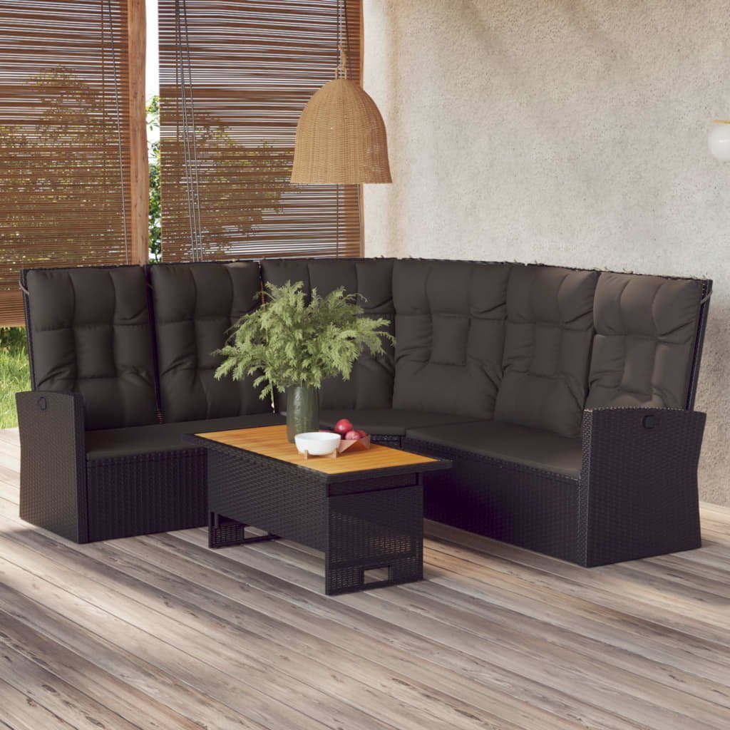 vidaXL Sitzkissen Ecksofa mit Liegefunktion und Kissen Schwarz Poly Rattan