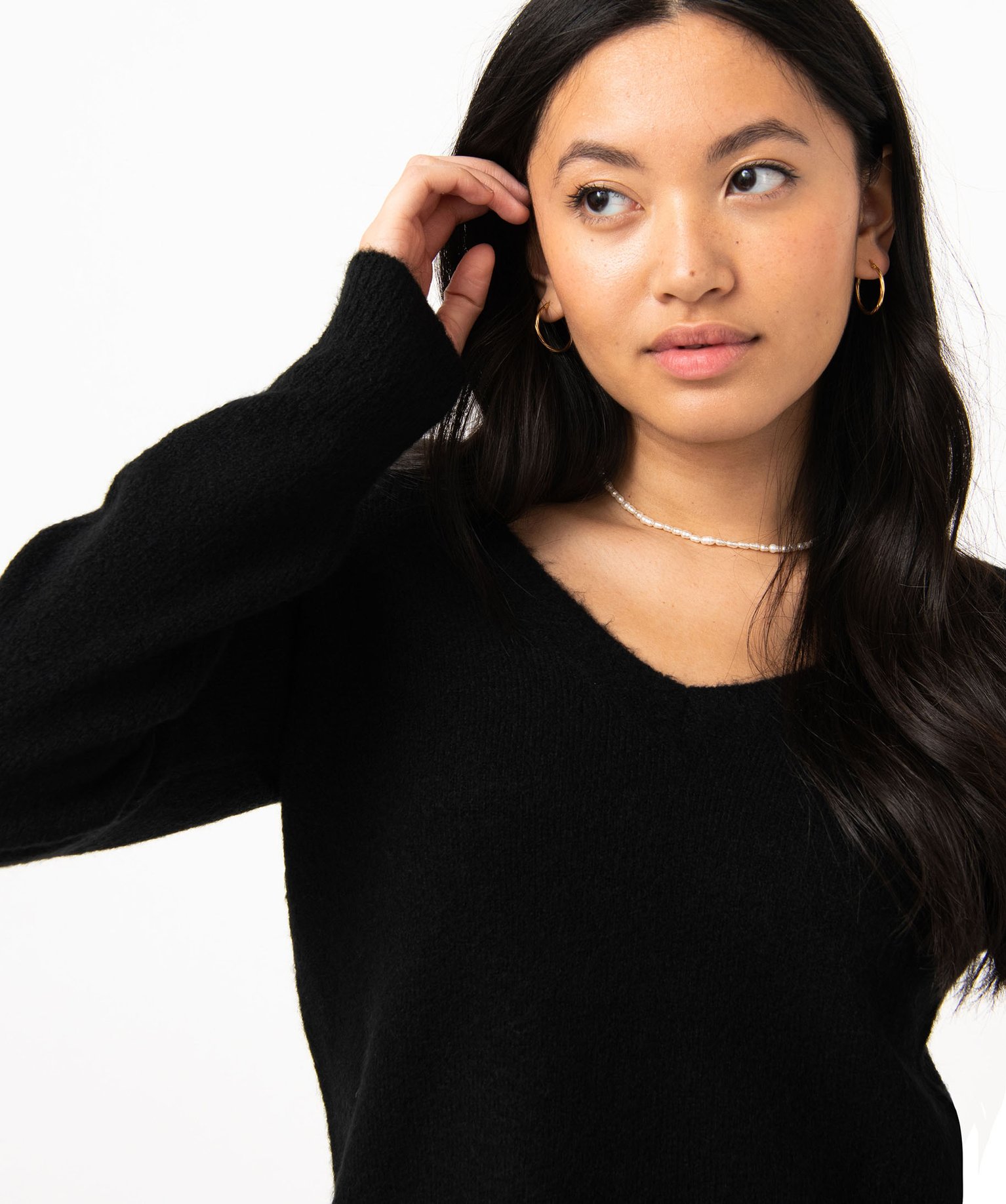 Pull femme à grand col V fantaisie noir | GEMO