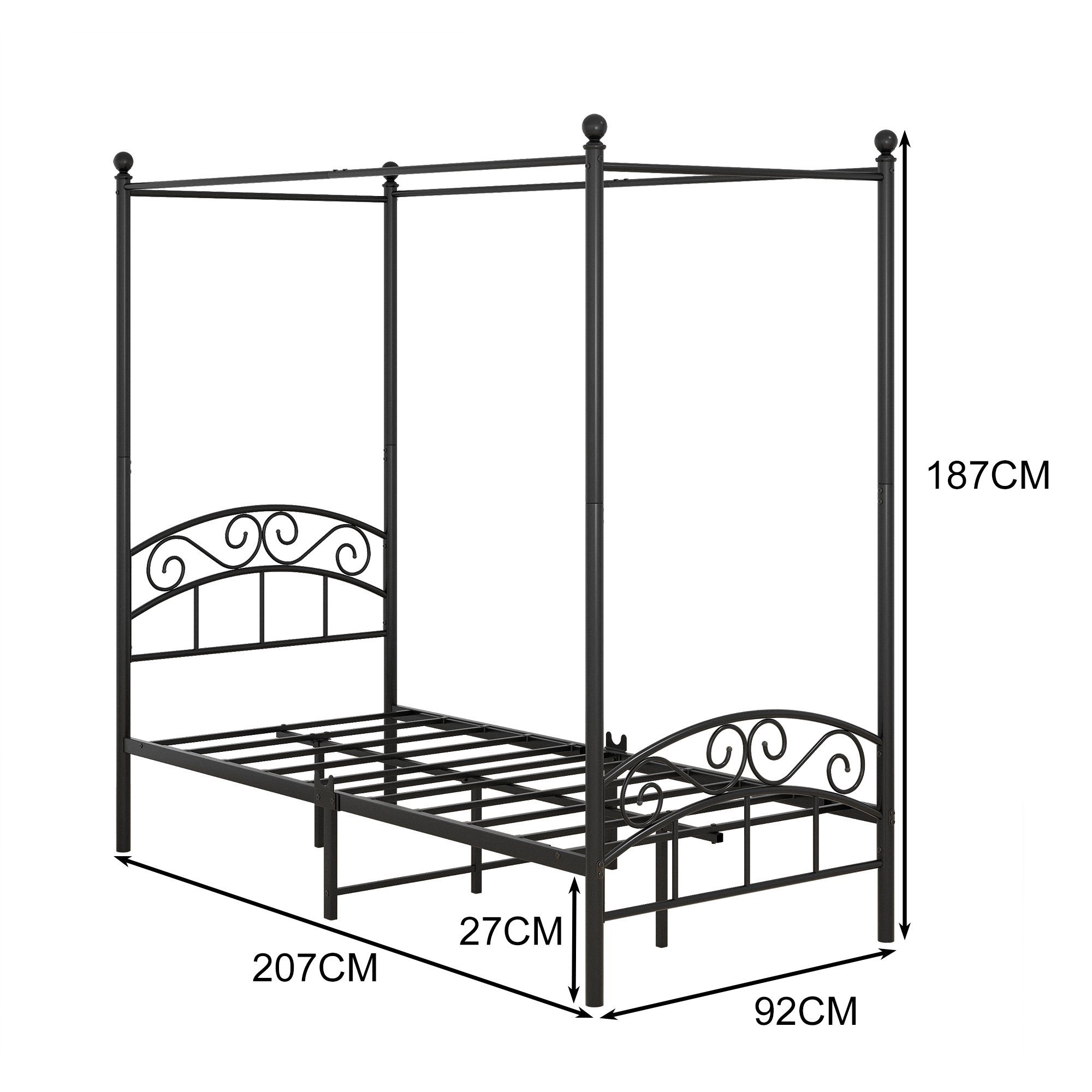 Gotagee Himmelbett Himmelbett Eisenbett Metallbett Bettgestell Schwarz 90x200 Einzelbett