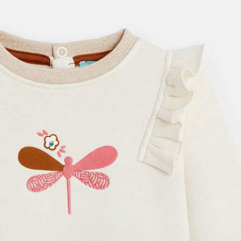Sweat libellule brodée en molleton beige bébé fille