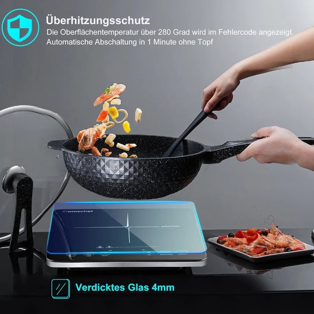 AMZCHEF Einzel-Induktionskochplatte CB16, 2000 W Induktionsplatte, LED Kochfeld