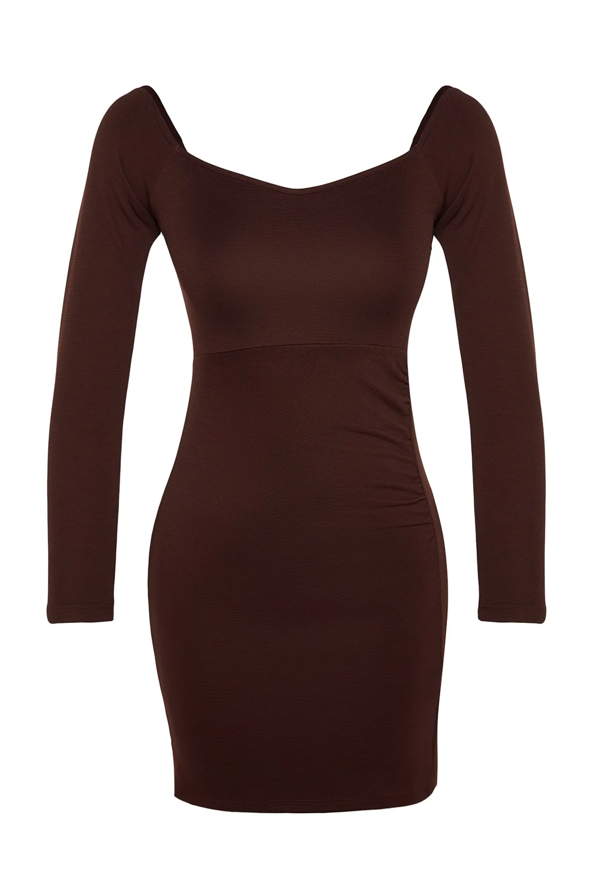Trendyol Collection  Braunes, osmanisches, gerafftes, detailliertes, tailliertes, flexibles Strickkleid mit Minischlitz TWOAW24EL00226