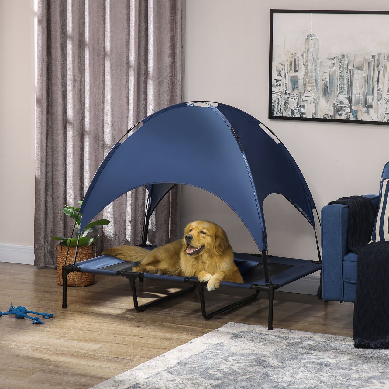 PawHut Haustierbett mit Baldachin Erhöhtes Hundebett Hundeliege outdoor Dunkelblau
