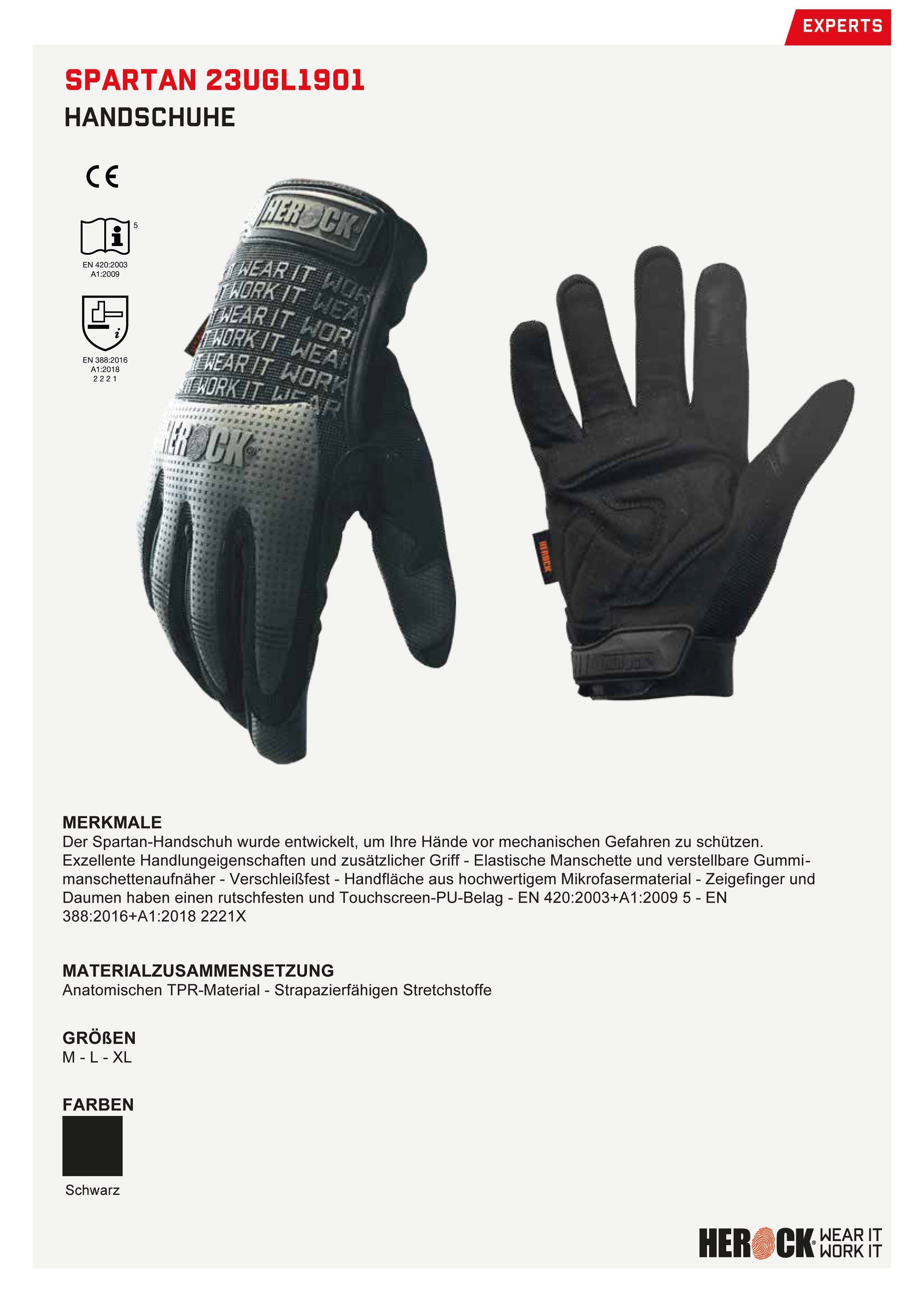 Herock Montage-Handschuhe Spartan Strapazierfähiger Stretch, Touchscreen-PU an Zeigefinger und Daumen