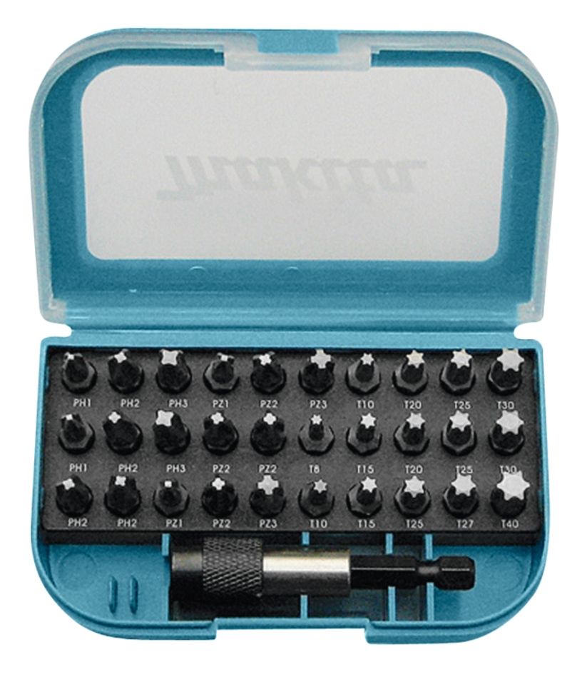 Accessoires Makita P-73374 Coffret de 31 embouts dans une boîte en plastique avec clip ceinture.