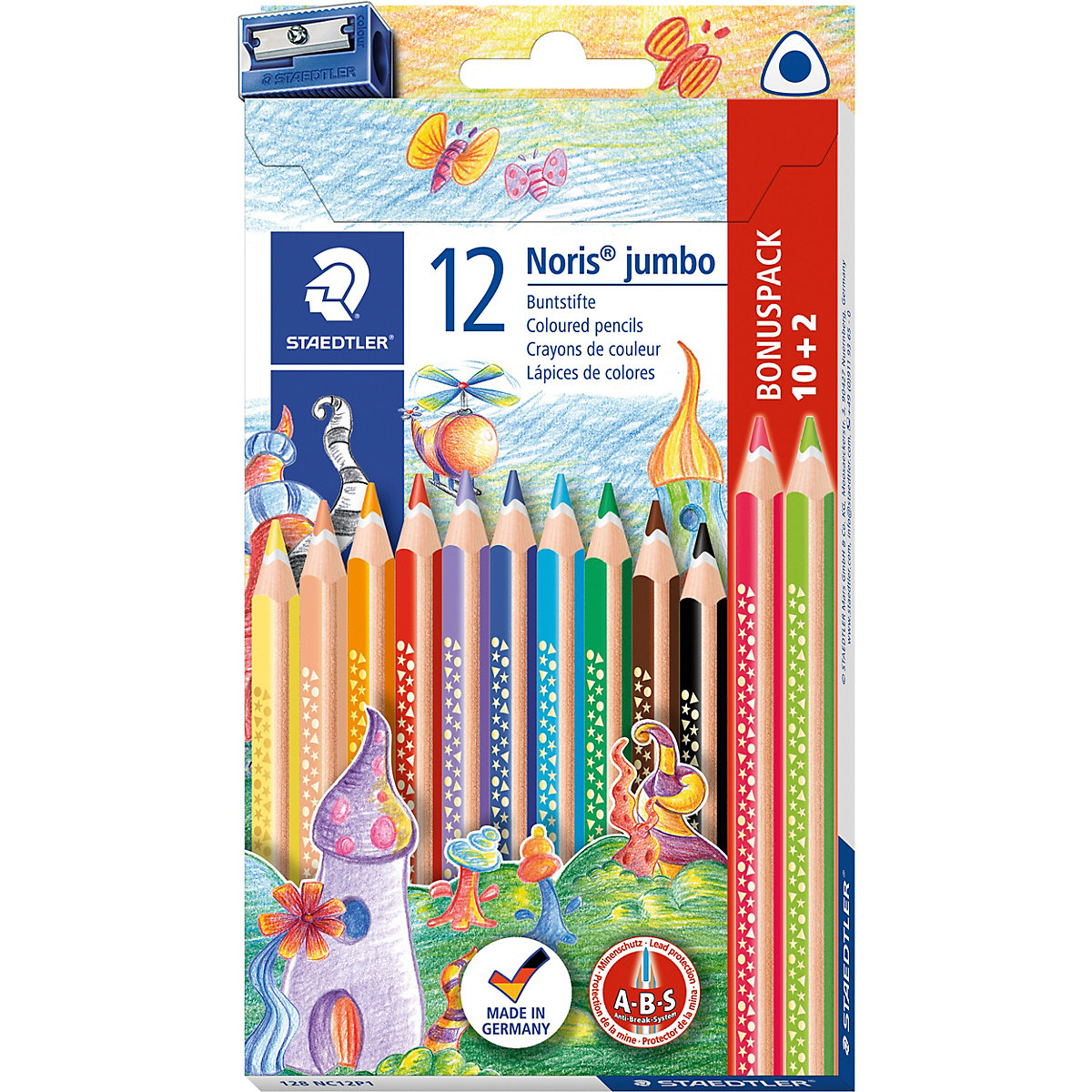 Dreikant-Jumbo-Buntstifte Noris®, 10 & 2 Farben, inkl. Spitzer