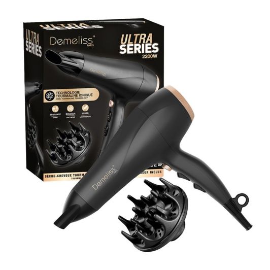 Uscător de păr profesional DEMELISS Ultra Series - 2200W - Tehnologie ionică - Negru