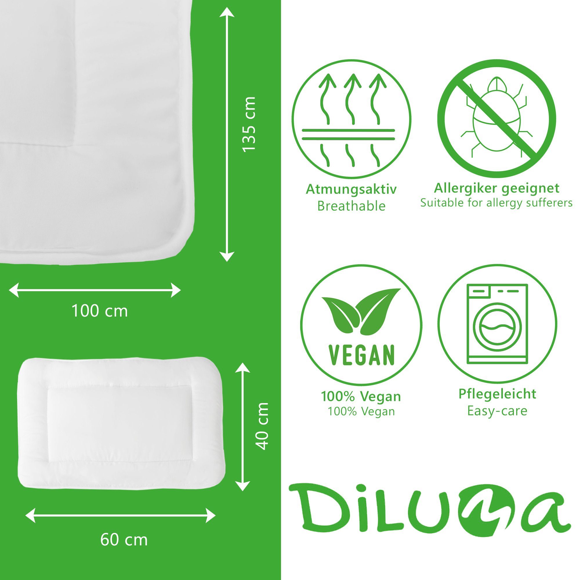 Kinderbettdecke + Kopfkissen, Kinderbettenset Teddy 2-teilig – Bettdecke 100x135 + Kopfkissen 40x60, DILUMA, Füllung: Polyester, Baby und Kinder Bettdecke Kissen Set, für Kinderbett Babybett