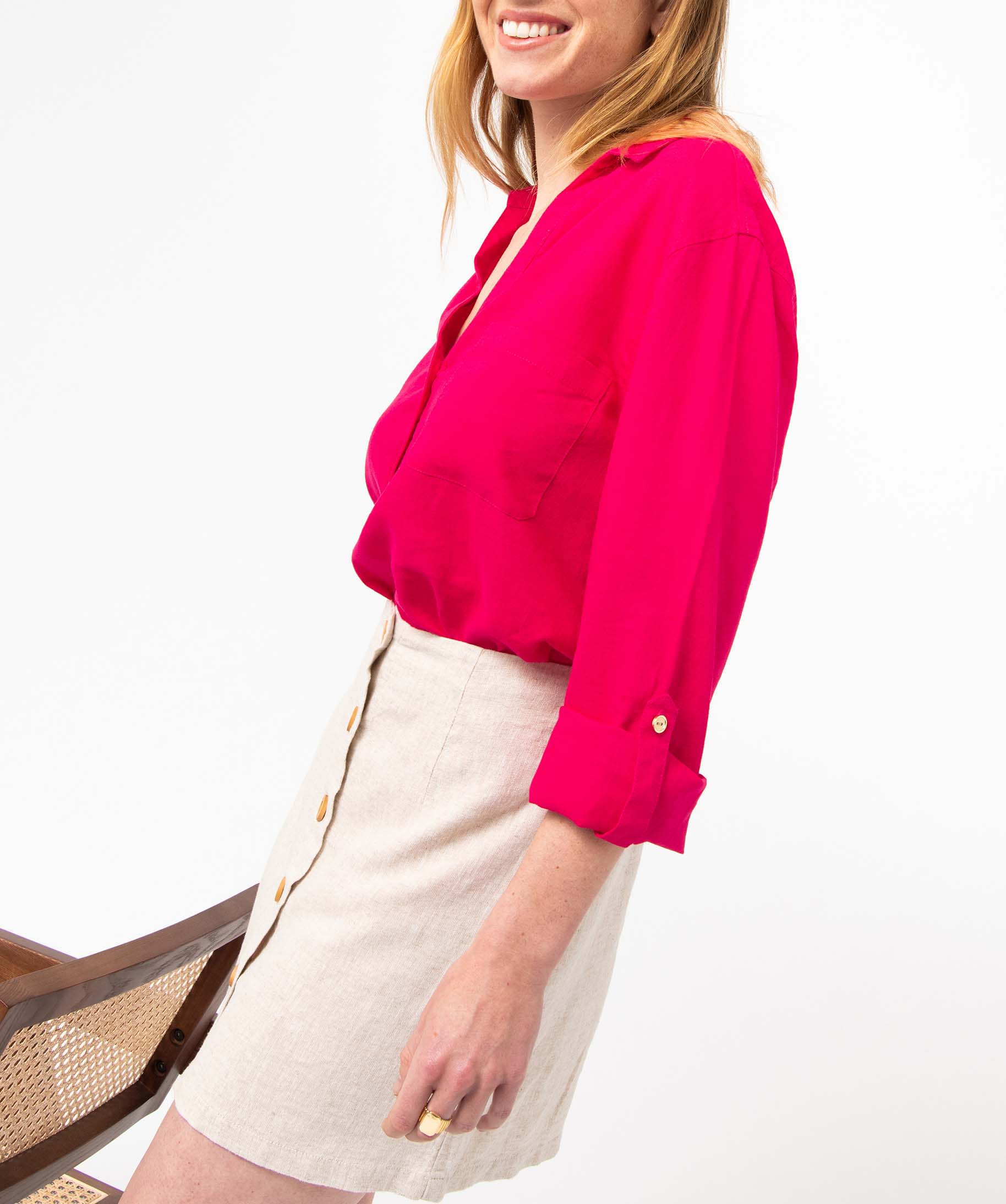 Chemise femme avec col boutonné contenant du lin rose | GEMO