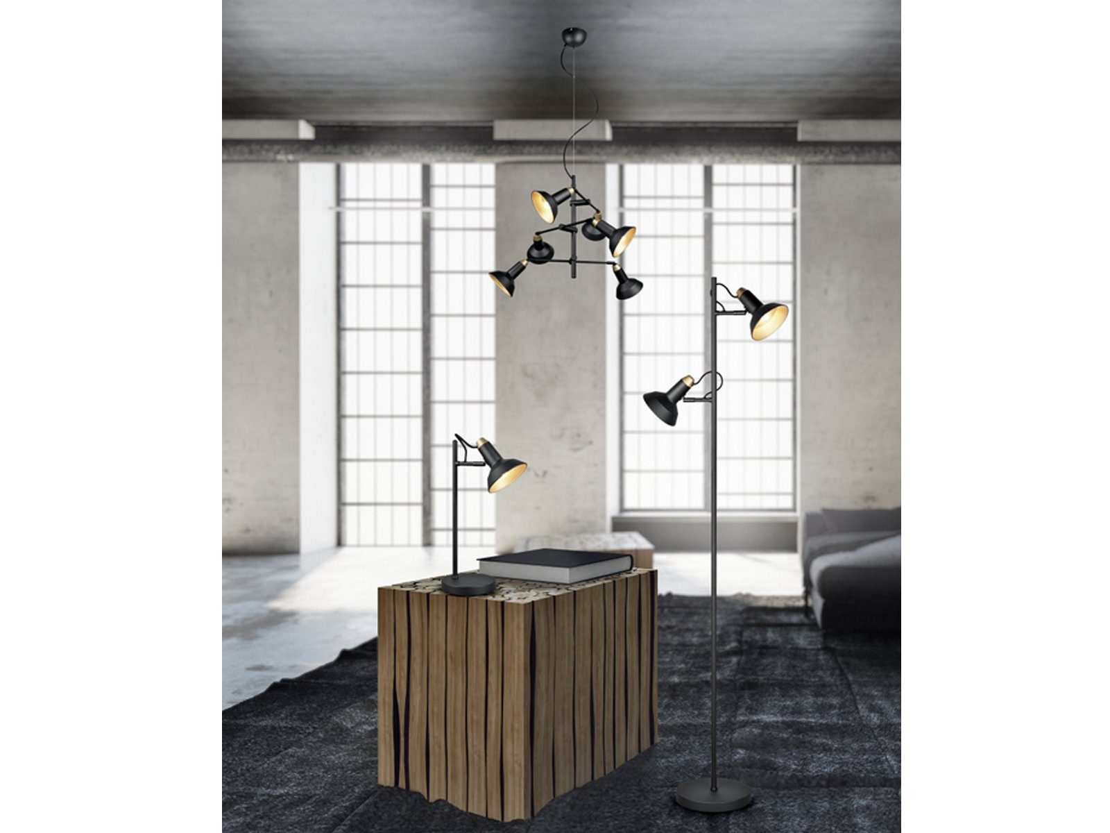 meineWunschleuchte LED Stehlampe, Dimmfunktion, LED wechselbar, Warmweiß, Industrial Design-er Lese-lampe für Ecke 2 Spots dimmbar Schwarz Gold