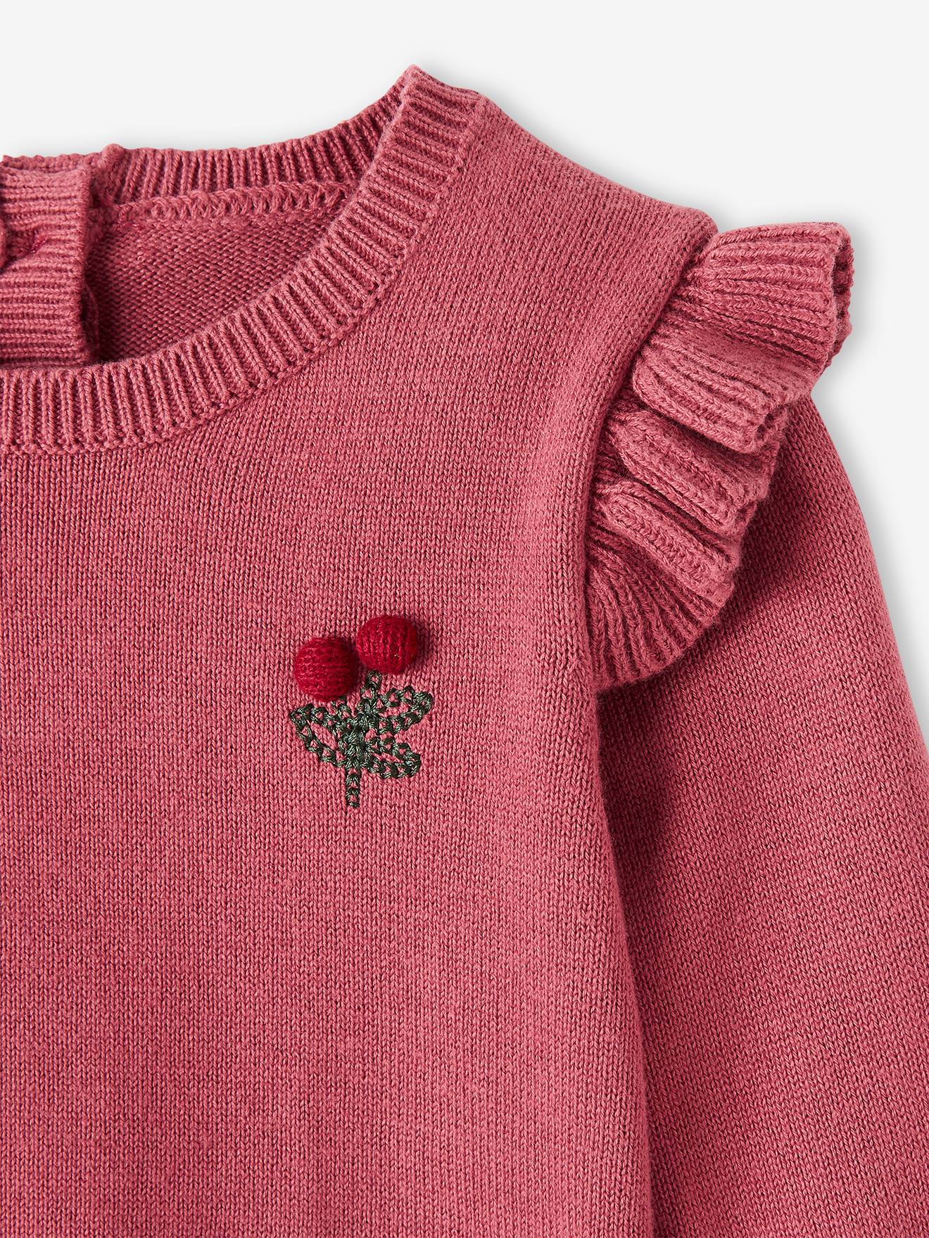 Pull à volants cerise bébé avec pompons rose