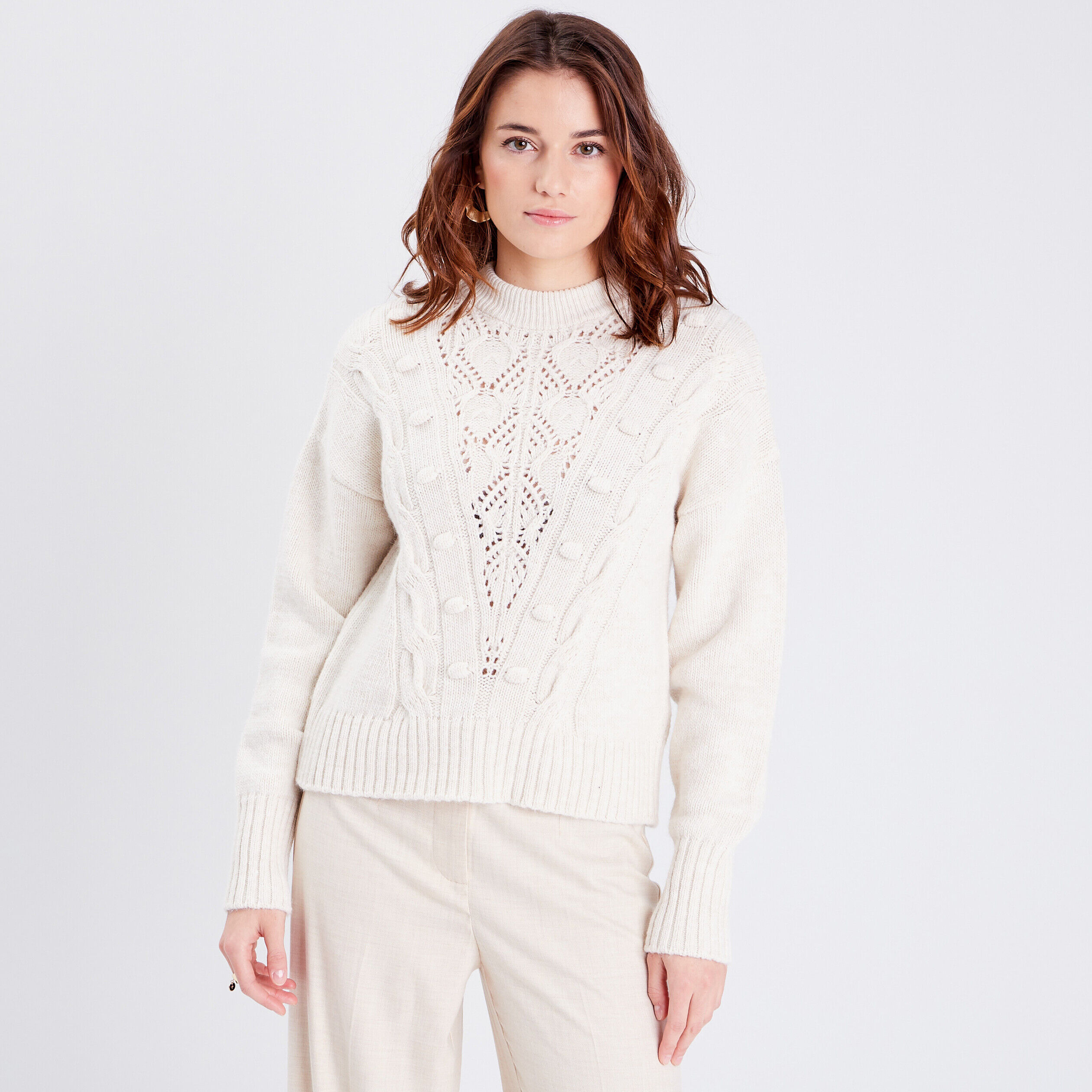 Pull manches longues ajouré ecru femme | Cache Cache
