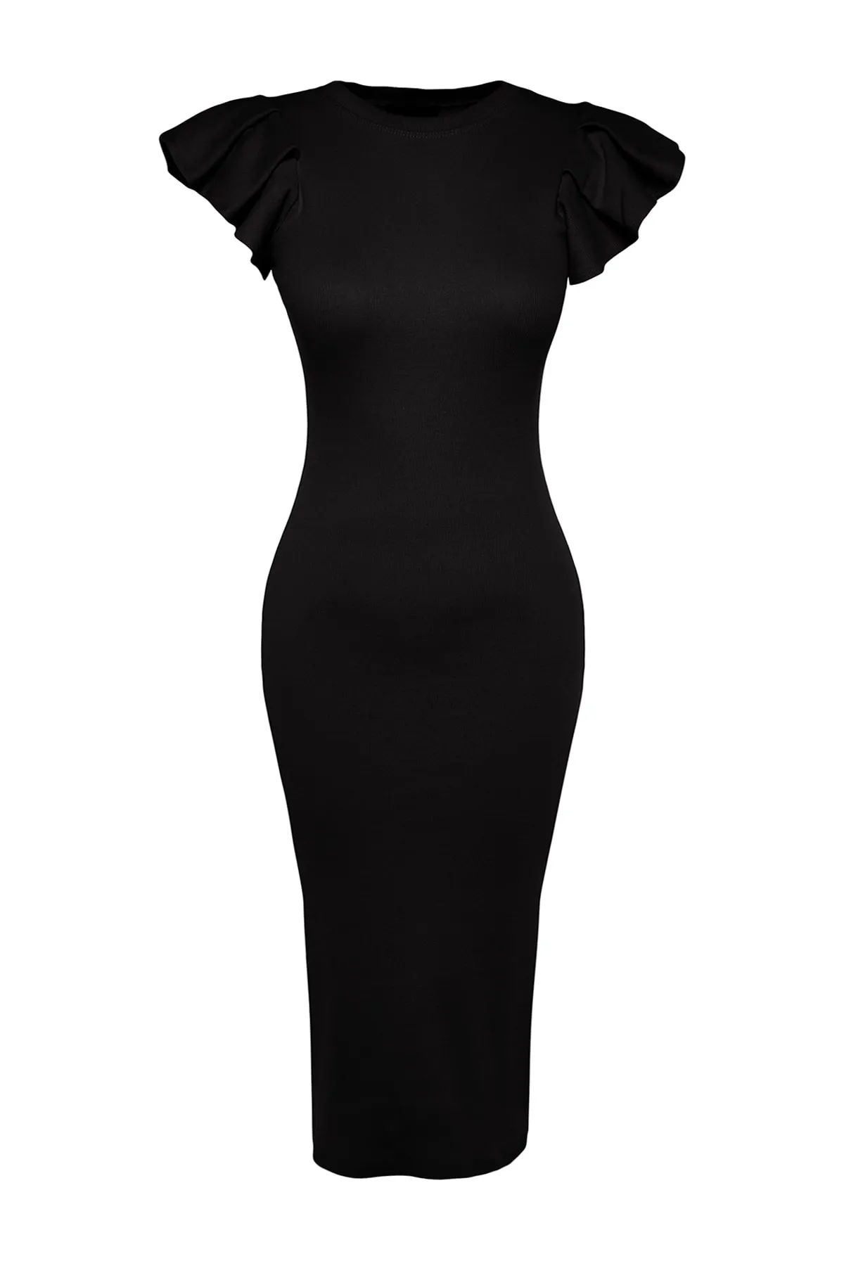 Trendyol Collection  Schwarzes, figurbetontes Midi-Bleistiftkleid aus flexiblem Strick mit gerippten Ärmeln und Volant TWOSS23EL01708
