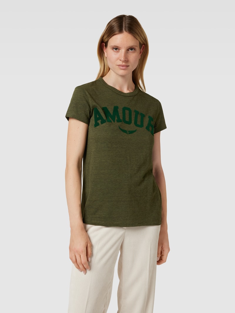 T-Shirt mit Flockprint Modell 'WALK AMOUR' in olivgrün