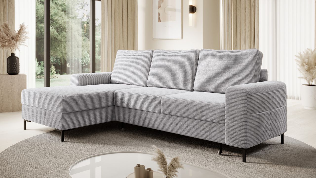 Möbel Punkt Ecksofa SAIGON Cord Grau mit Bettfunktion und Bettkasten Bett Sofa Schlafsofa Ottomane links