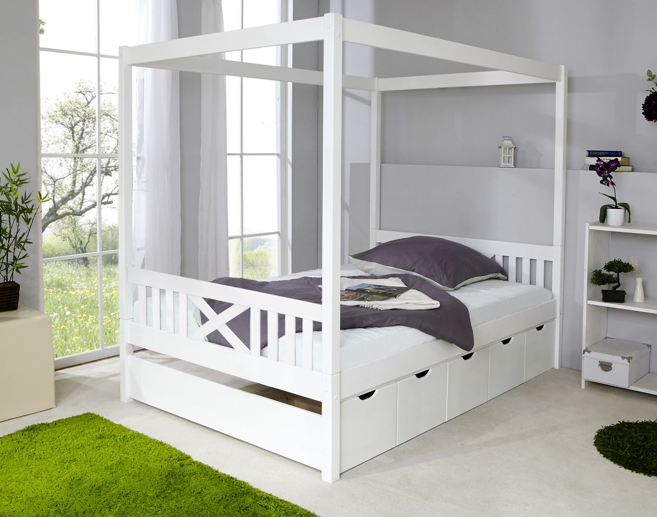 Ticaa Himmelbett Lino 140er weiß Var 1 - mit 5er Schubkästen -