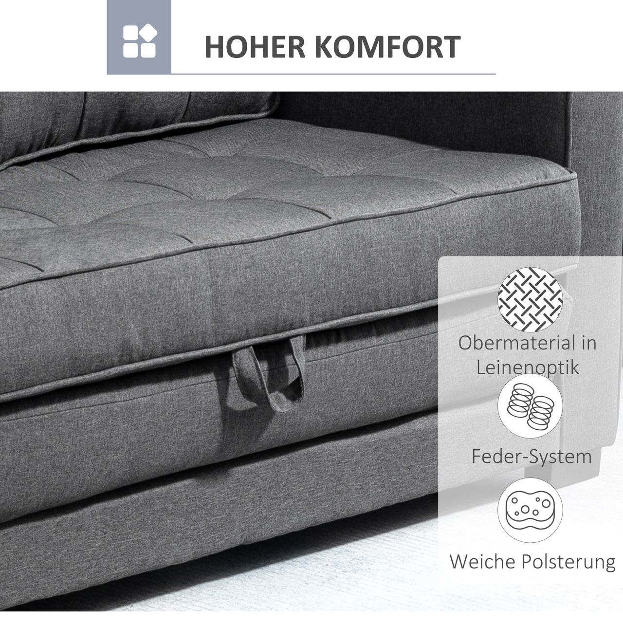 HOMCOM Schlafsofa Klappsofa 2-Sitzer Stoffsofa Leinen-Touch Gummiholz Grau