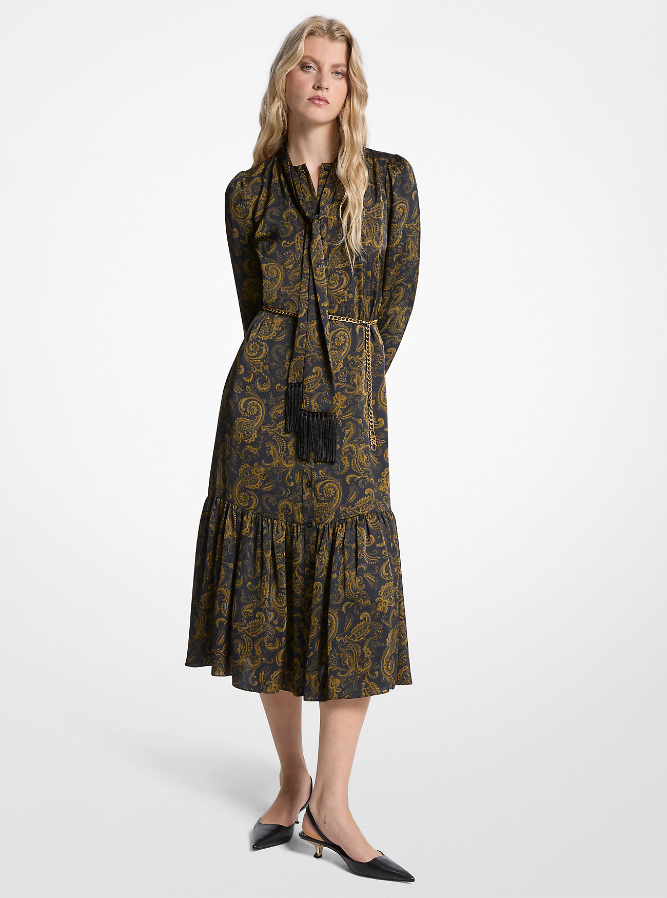 Paisley Print Satin Tie-Neck Midi Dress - IVY